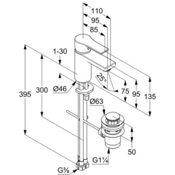Смеситель KLUDI ZENTA SL 482770565 для раковины на одно отверстие однорычажный с донным клапаном