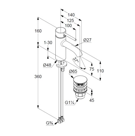Смеситель KLUDI BOZZ BLACK 382663976 для раковины на одно отверстие однорычажный с донным клапаном