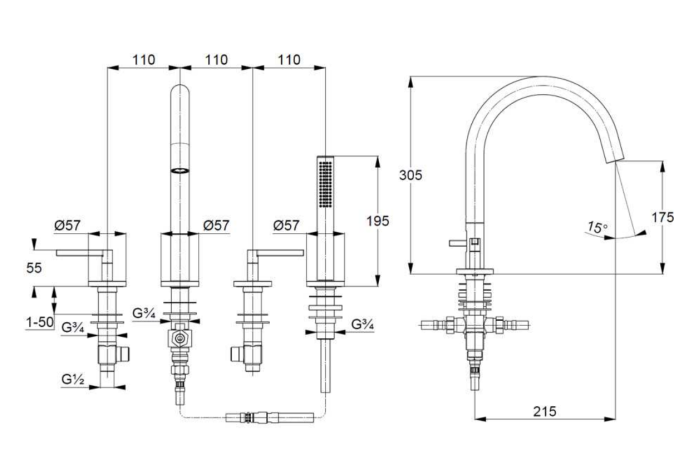 Смеситель KLUDI NOVA FONTE Puristic 204250515 для ванны на бортик