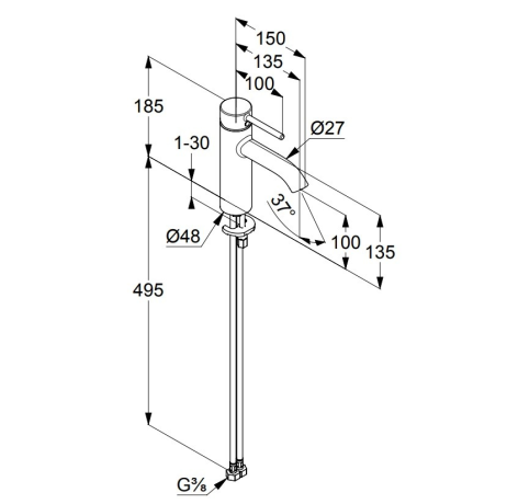 Смеситель KLUDI BOZZ 38282N576 для раковины на одно отверстие однорычажный без донного клапана