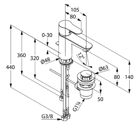 Смеситель KLUDI OBJEKTA для раковины на одно отверстие однорычажный с донным клапаном для безнапорных водонагревателей 322340575